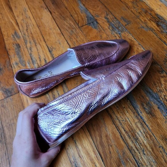 ZVELLE V Metallic Pink Crinkle Leather Moccasin Loafers - Picture 9 of 14